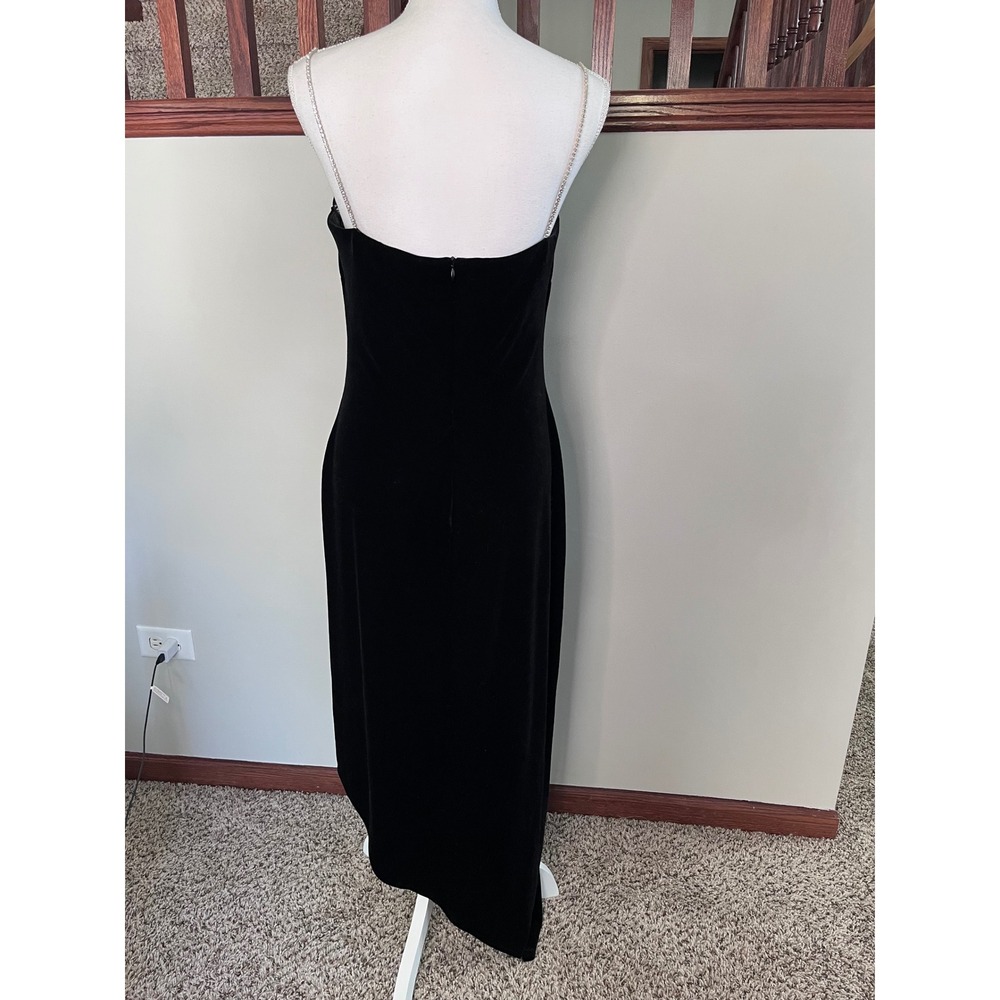 Black Velvet Asymmetrical Rhinestone Strap Maxi Dress Formal Gown